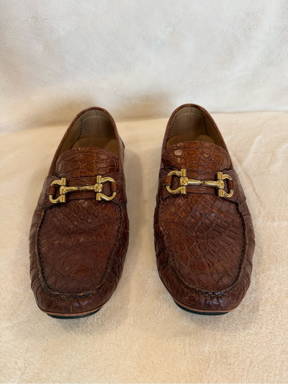 Salvatore Ferragamo Brown Croc-Embossed Leather Bit Loafers